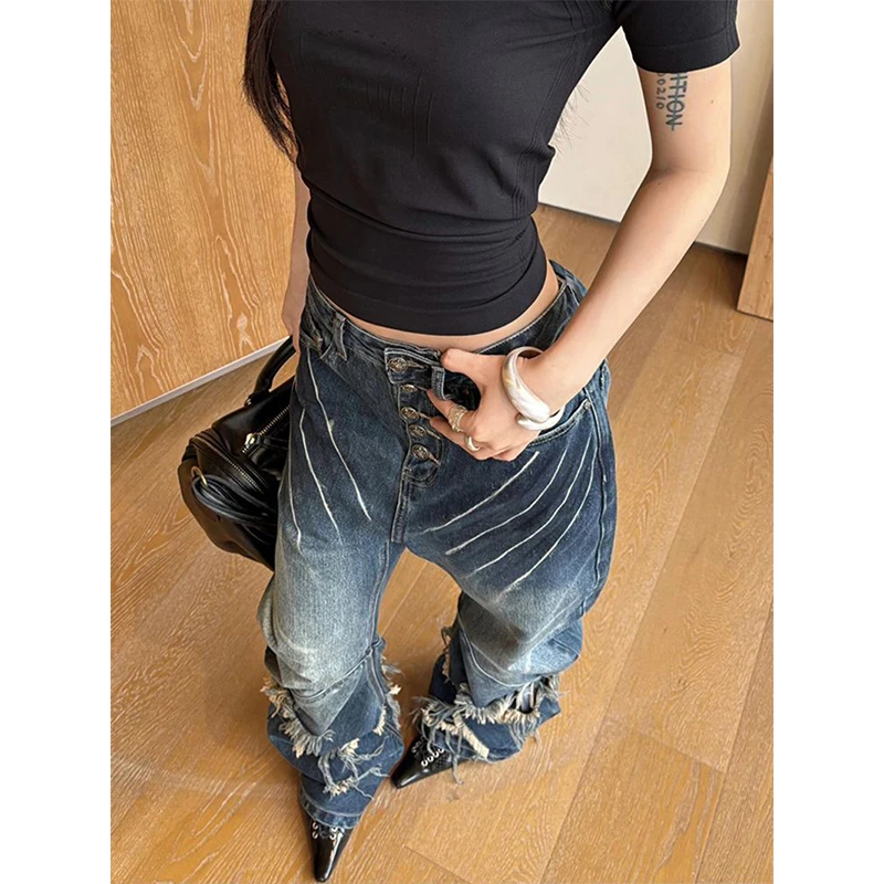 MEXZT Y2K 2000S Dziurawe Jeansy Damskie Vintage Streetwear Frędzle Szerokie Nogawki Denimowe Spodnie Grunge Gothic Harajuku Luźne Proste Spodnie
