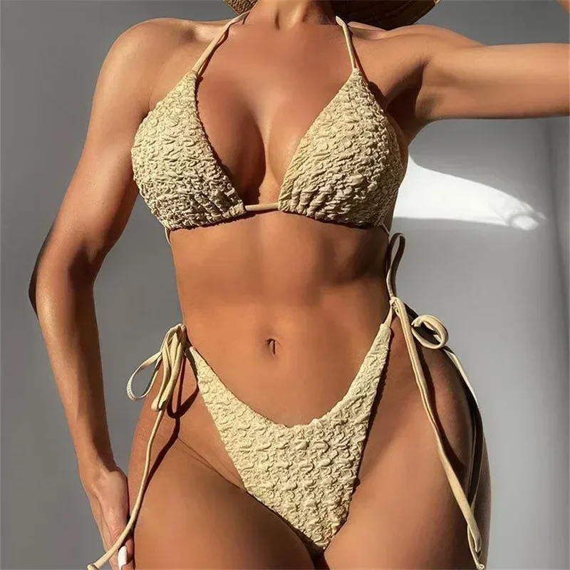 

Сексуальные комплекты бикини с лямкой на шее, 2025 микро-стринги, купальник, женский бежевый купальник с высоким вырезом, купальный костюм, бикини, пляжная одежда, бикини