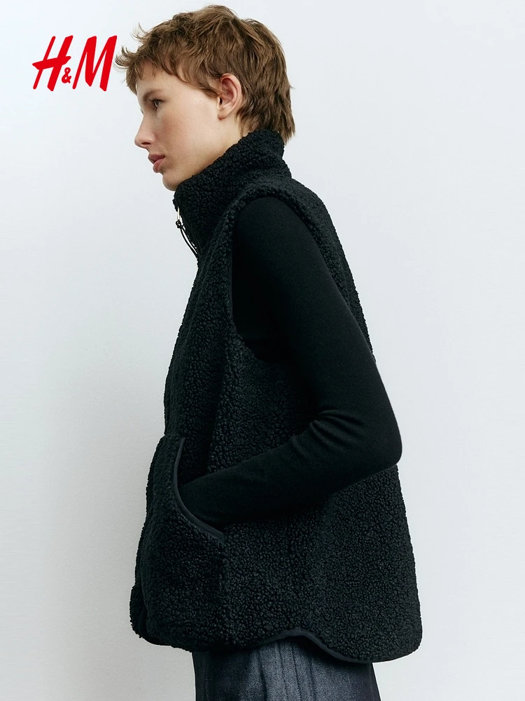 H&M 여성용 조끼 25 겨울 신상 스탠드 칼라 지퍼 테디 페이스 레이지 슬레 플러 조끼 284953 폴리에스터 섬유 00%