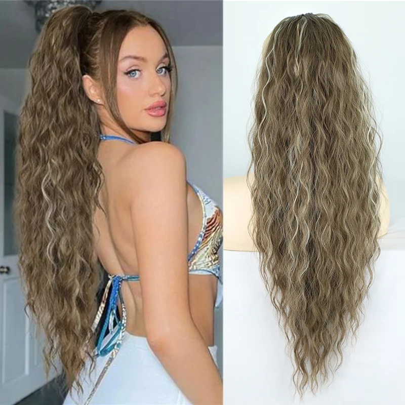 Long Curly Wavy Ponytail Hair Extensions 26 Inch Water Wave Drawstring Ponytail False Hair Natural Synthetic Pony Tail Hairpiece