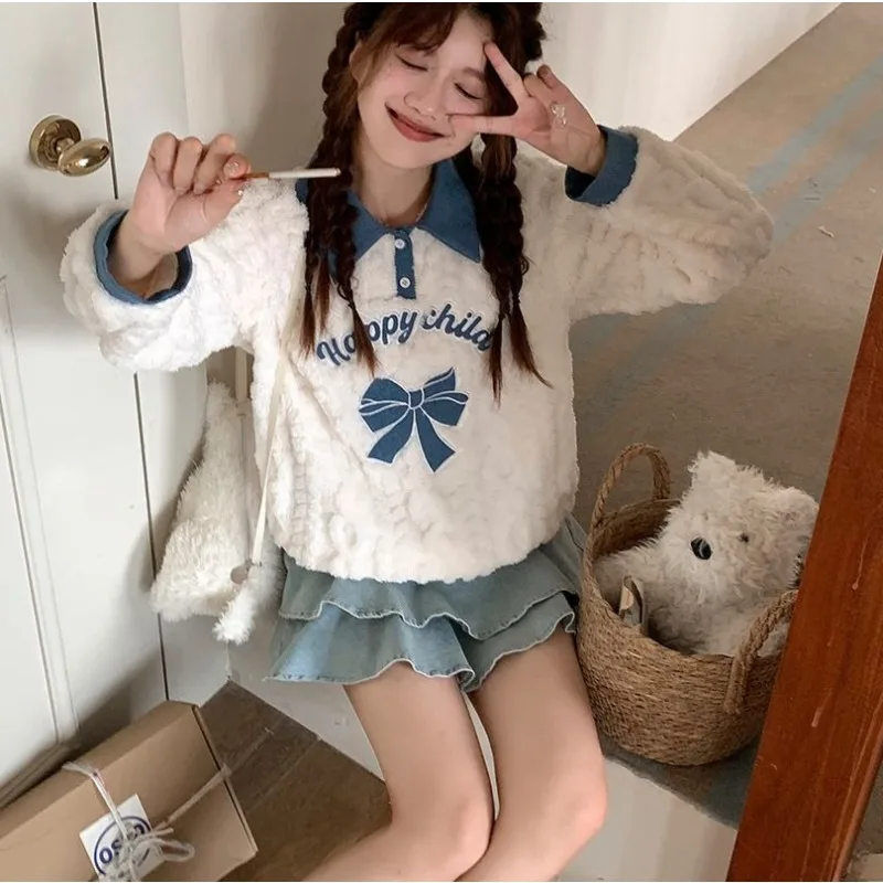 Top color albicocca in peluche da ragazza cremosa per donna, cappotto con risvolto caldo con design bowknot autunnale e invernale