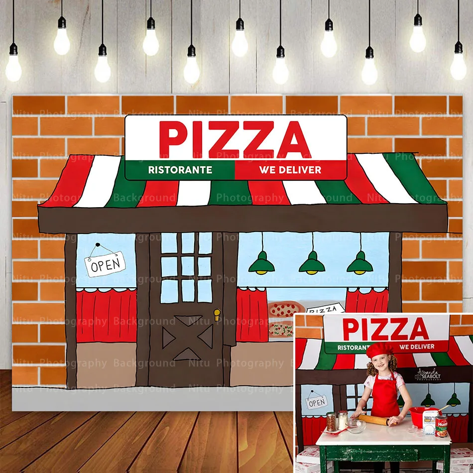 Pizza Theme Birthday Party Backdrop for Kids Boys Girls Cartoon Coffee Shop Ice Cream Cake Table Banner Photography Background