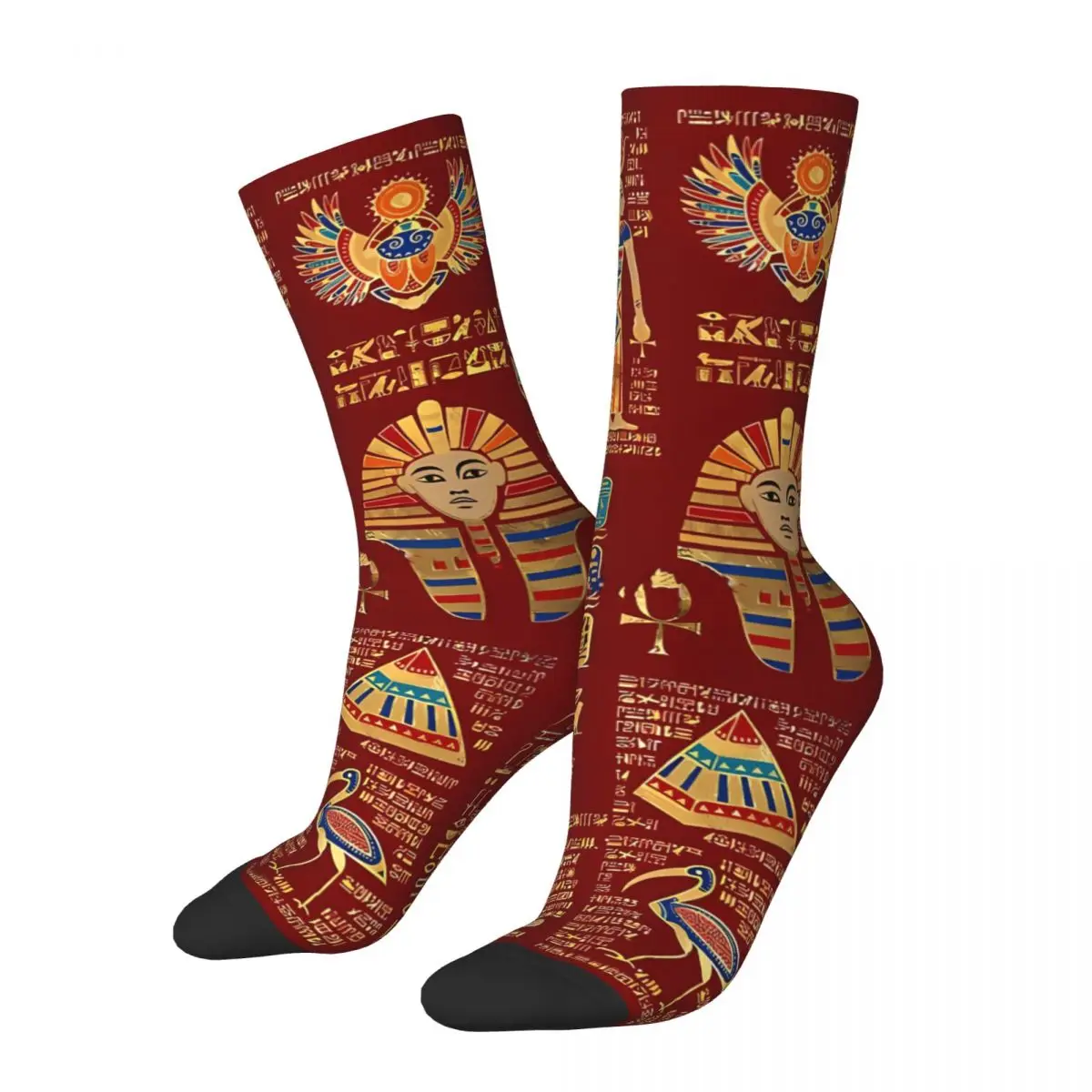 Egyptian Hieroglyphs And Deities On Red Ancient Egypt Egyptian Kawaii Socks Travel Cartoon Pattern Socks