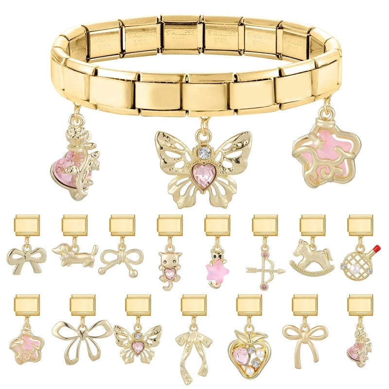Y2K Butterfly Puppy Bow Star Tennis Racket Golden Pendant Italian Charm Links Fit 9mm Stainless Steel Bracelet DIY Making Gifts