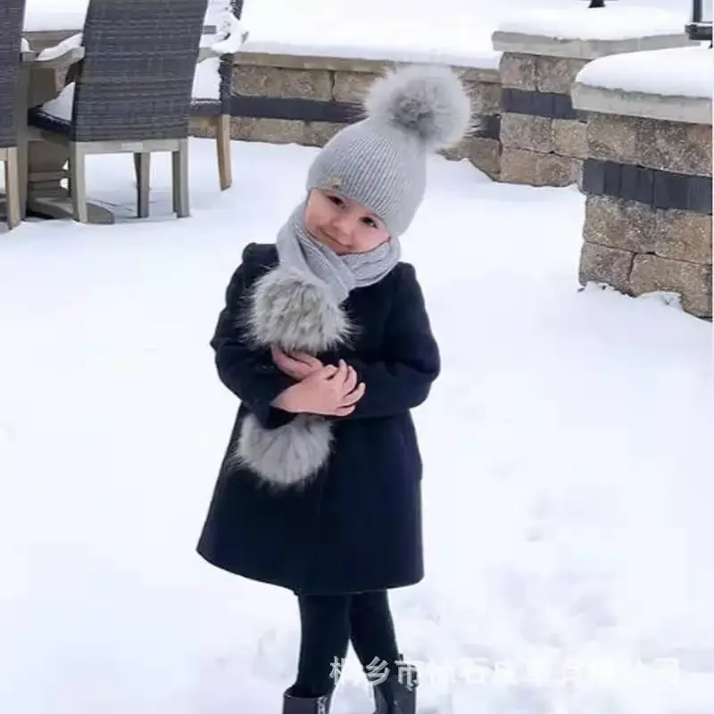Ins Spanish Children\'s Rabbit Velvet Warm Hat Real Raccoon Fur Ball Hat 1-8 Years Old Baby Photography Props Girls Winter Hats