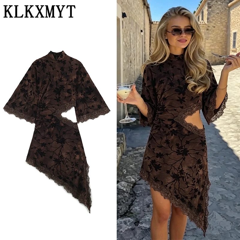 KLKXMYT Elegant Chic Women Flocking Cut Out Dress Fashion Lace Splice Asymmetry Short Dress Female Evening Party Dresses