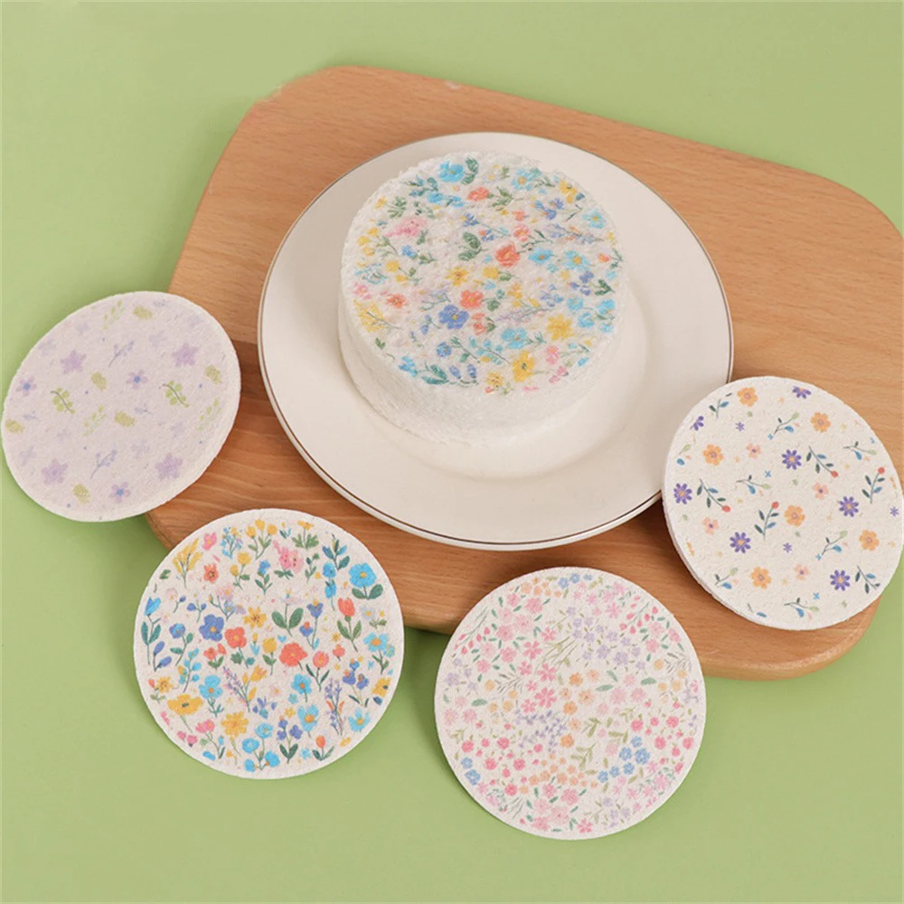 Round Flower Wood Pulp Cotton Sponge To Wipe The Kitchen Rag Dishwashing Cotton Non-stick Oil Absorbent Compressed Wood Sponge