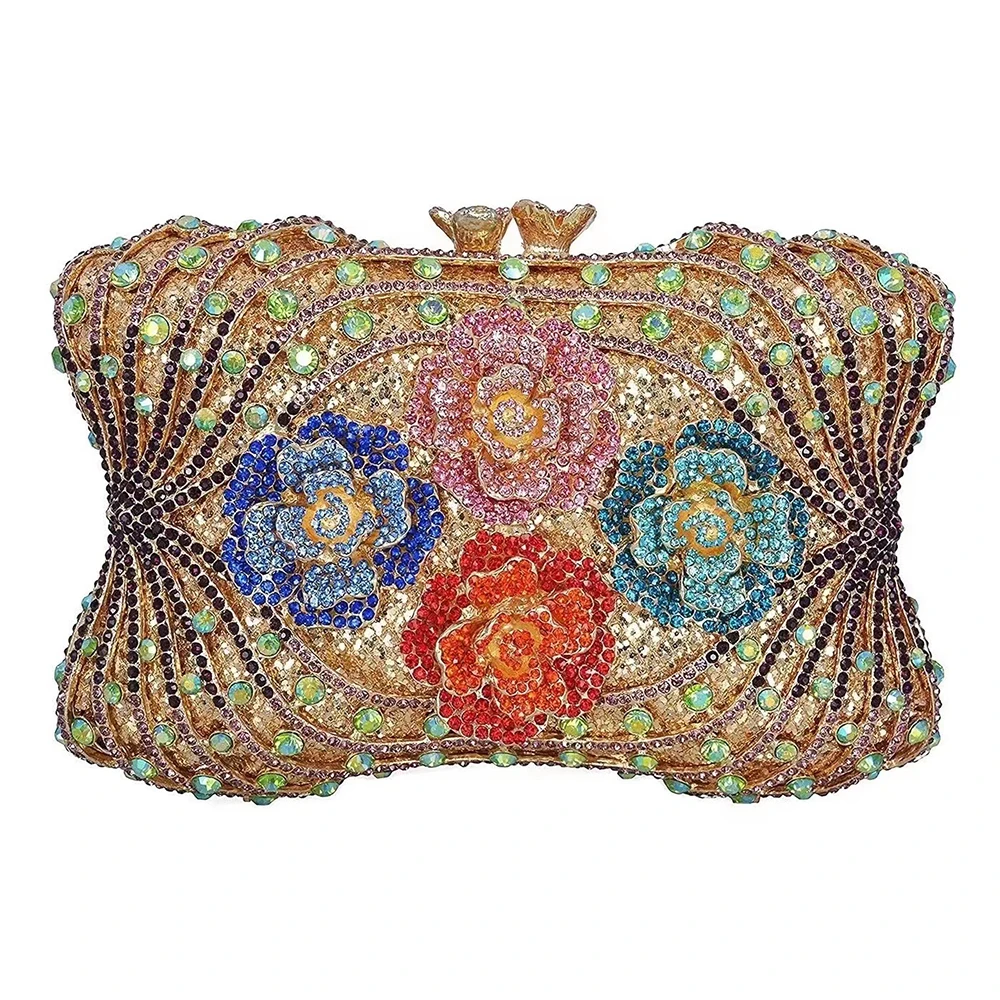 

Gold Metal Multicolored Flower Diamond Evening Purse Luxury Rhinestone Women Party Prom Clutches Three Floral Dinner Clutches