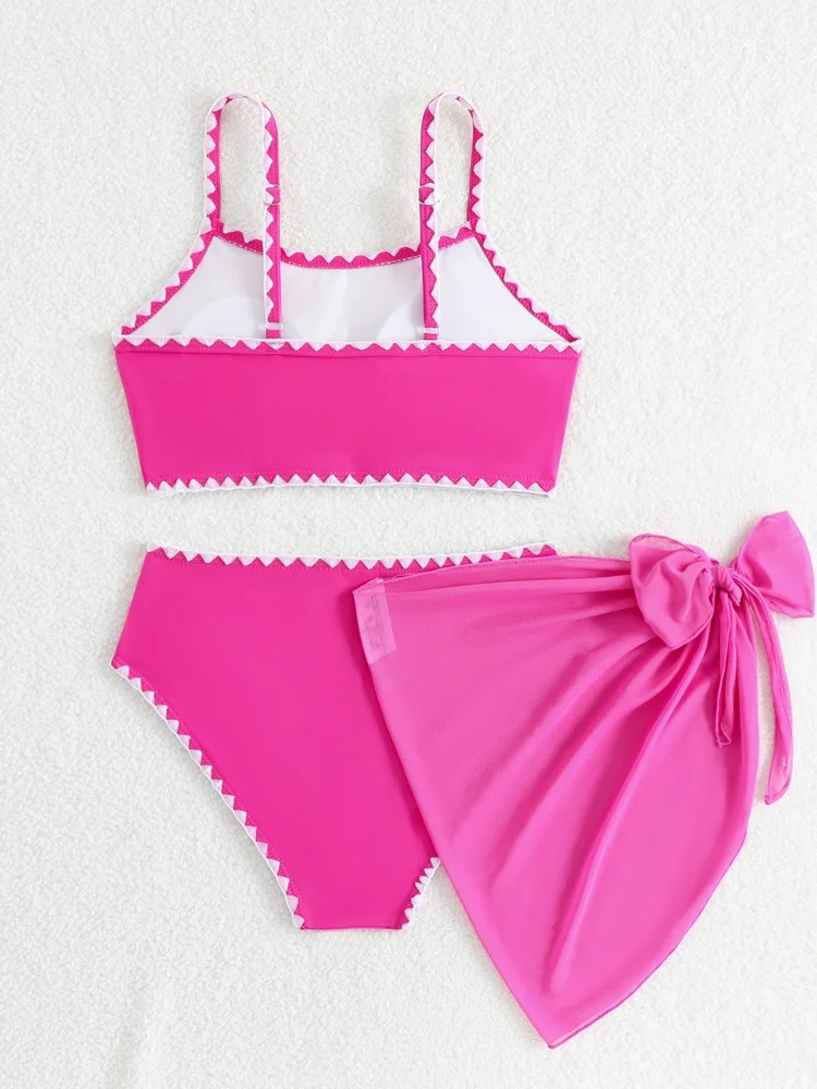 Bikini Girls Kids Swimsuit 2026 New Pink Sling Children Swimwear Summer High Waist Mesh Three Piece Beach Cover Up Bathing Suits - view 2