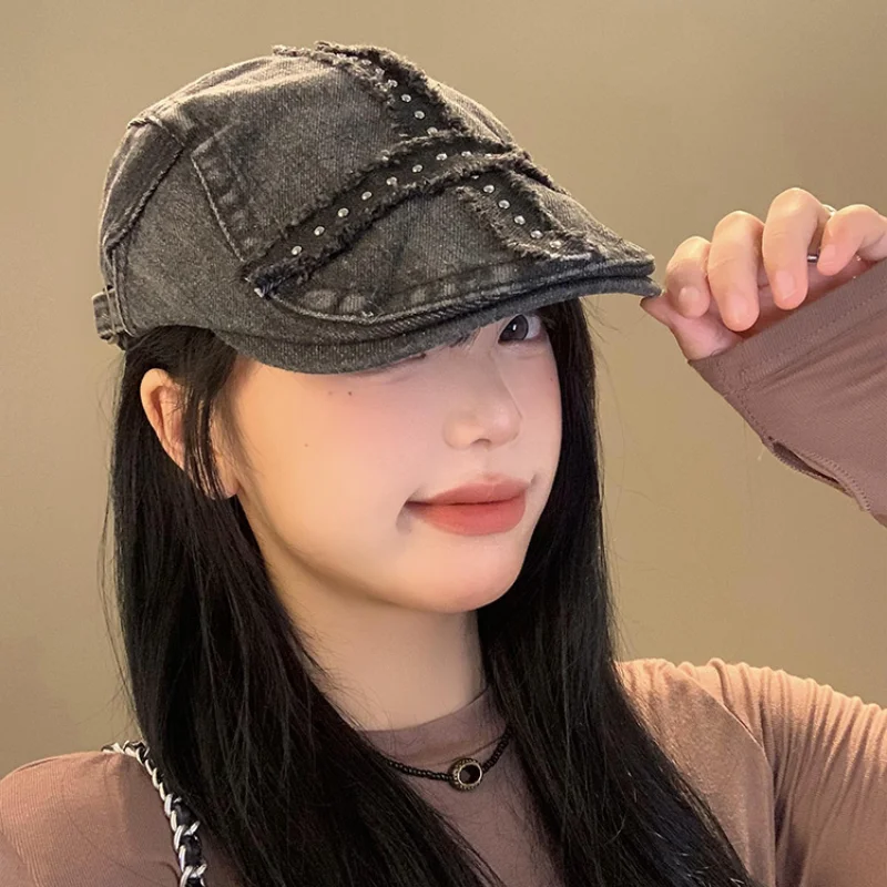 American Rivet Design Black Forward Hats for Women and Men Summer Casual Versatile Street Trend Retro Washed Denim Berets Y2k