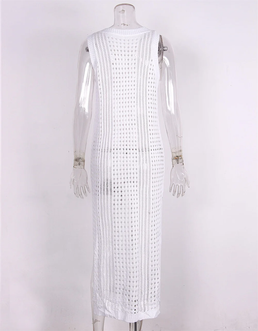 2024 Autumn Woman Sexy Hollow Out Knitted Beachwear Swimsuit Cover-ups White Crochet Mesh Sleeveless Slit Wrap Beach Dress