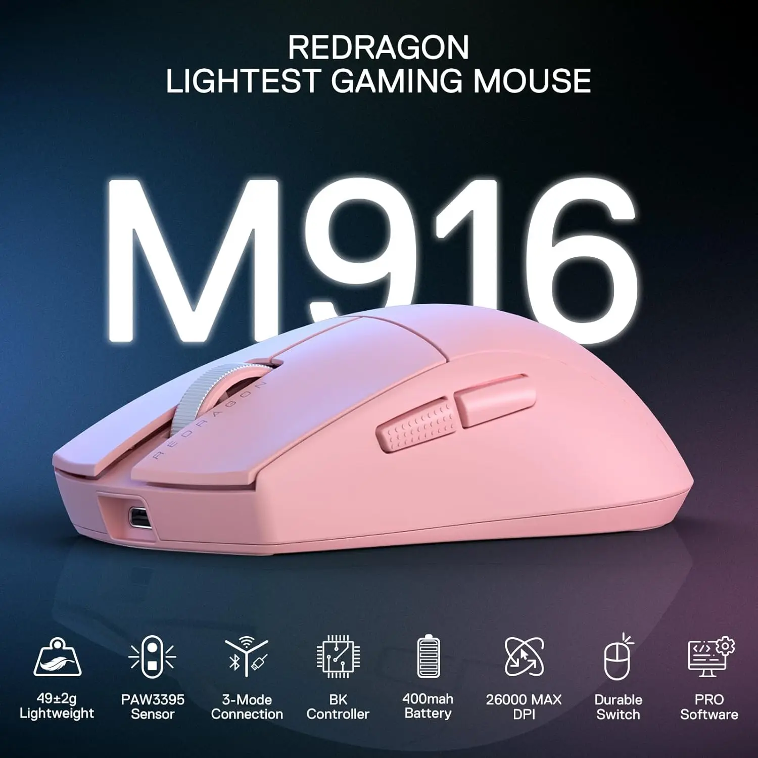 Redragon M916 PRO draadloze gamingmuis met 3 modi, 49G ultralichte gamermuis met 26K DPI