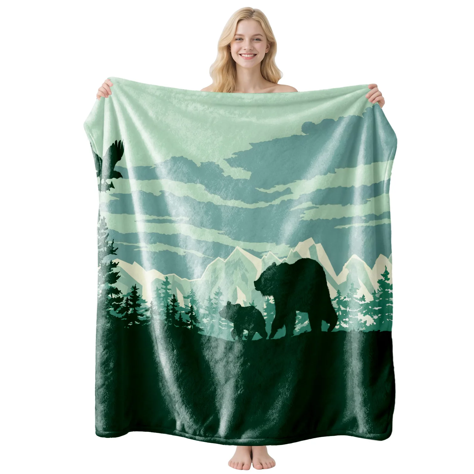 Throw Blanket Wilderness Green Forest Elk Deer Silhouette Pattern Cozy Bed Couch Blankets Rustic Cabin Decor Gift Blanket