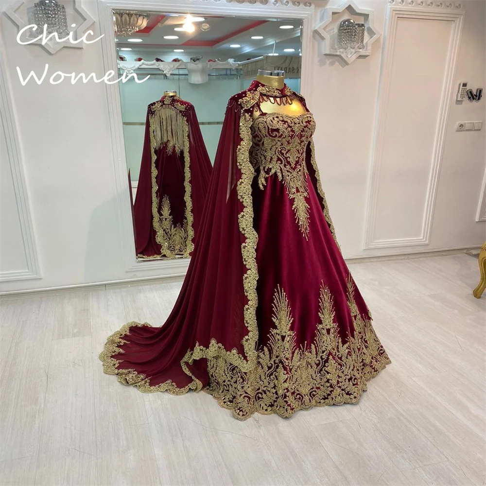 Luxury Kaftan Moroccan Evening Dress Elegant Emerald Muslim Prom Gown With Cape Appliques Dubai Abaya Formal Hochzeit Customized