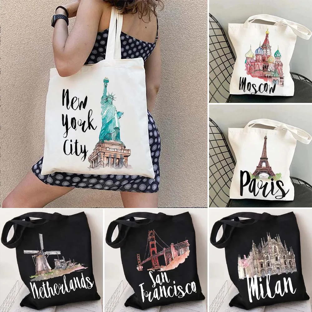 Paris Milan New York Moscow Los Angeles Tajmahal San Francisco Netherlands Travel City Canvas Shopping Cotton Totes Bag Handbags