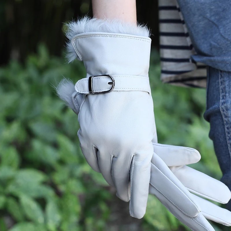 

Женские перчатки для езды на мотоцикле с кроличьим мехом, бархатные утолщенные зимние теплые перчатки из натуральной овчины для езды на велосипеде