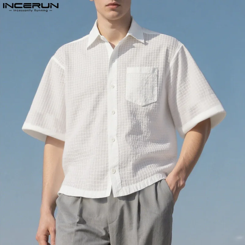 

INCERUN Men Shirt Solid Color Lapel Short Sleeve Loose Casual Men Clothing Korean Style Summer Streetwear 2025 Male Shirts S-5XL