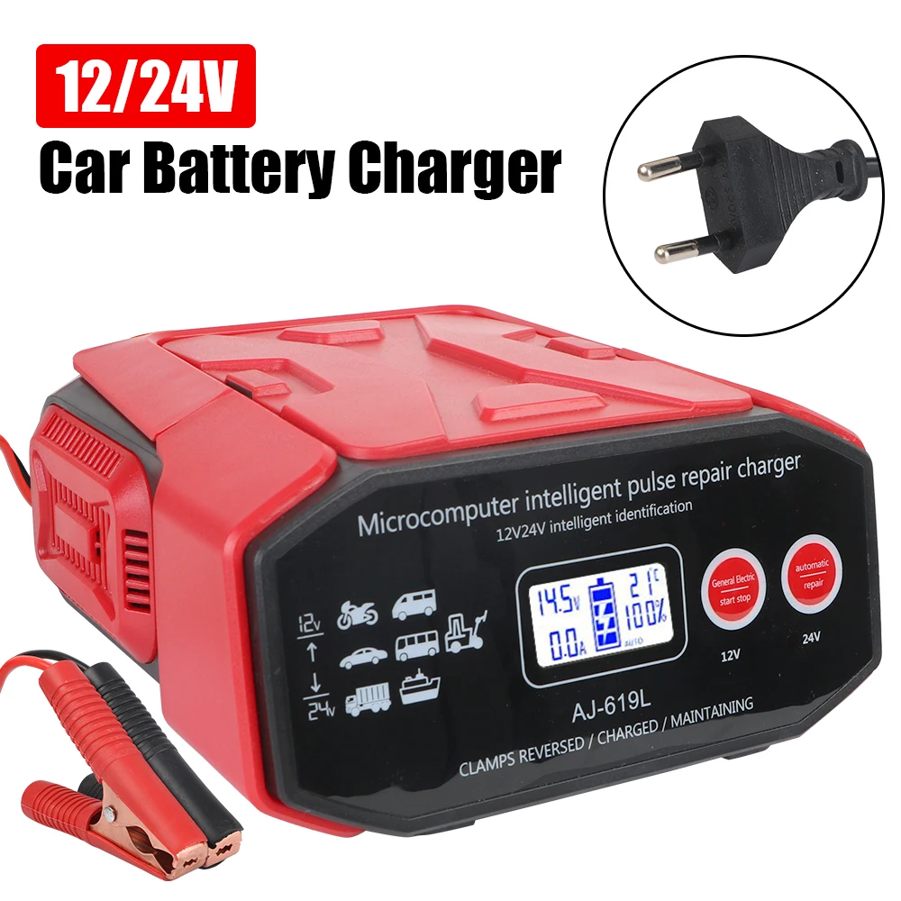 Car Battery Charger EU Plug Intelligent Pulse Repair 400W High Power 12V/24V LED Display For Car Truck Boat Motorcycle