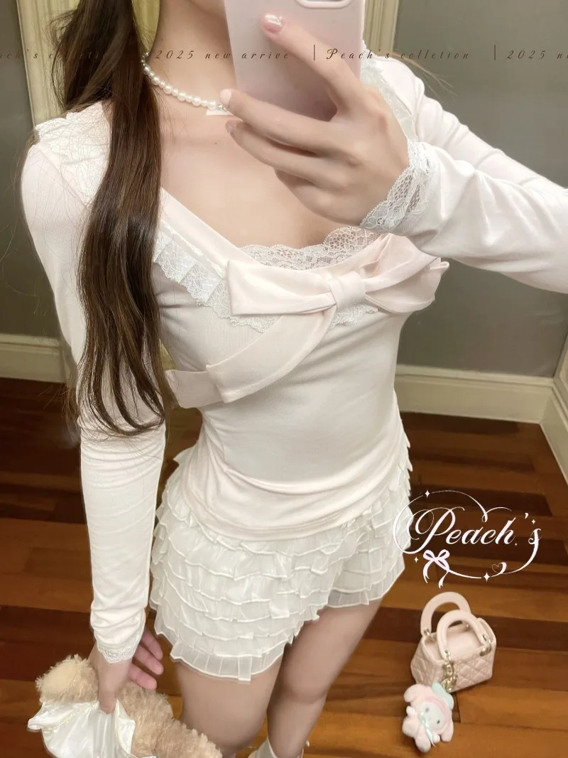 

Новинка Весна 2026: Розовая блузка в корейском стиле с бантом и кружевом, с длинным рукавом, для женщин. Элегантная футболка Y2K Kawaii.