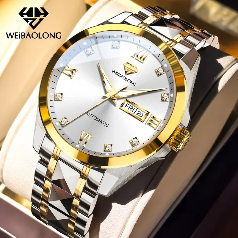 WEIBAOLONG Automatic Mechanical Watch for Men Chinese Fu Dial Day Date Luminous Hands 50m Water Resistant Father's Day Gift