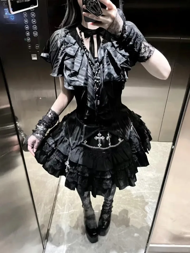 

Subculture Y2k Top Gothic Style Black Short Sleeved Shirts + Skirt Sets Two Piece Sets Womens Outifits Summer New Womans Clothes