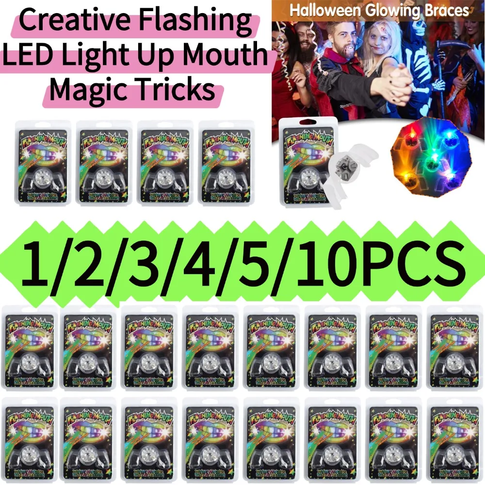 10Pcs Creative Flashing LED Light Up Mouth Magic Tricks Braces Piece Glow Teeth Halloween Party Rave Glow Party Supplies Toy