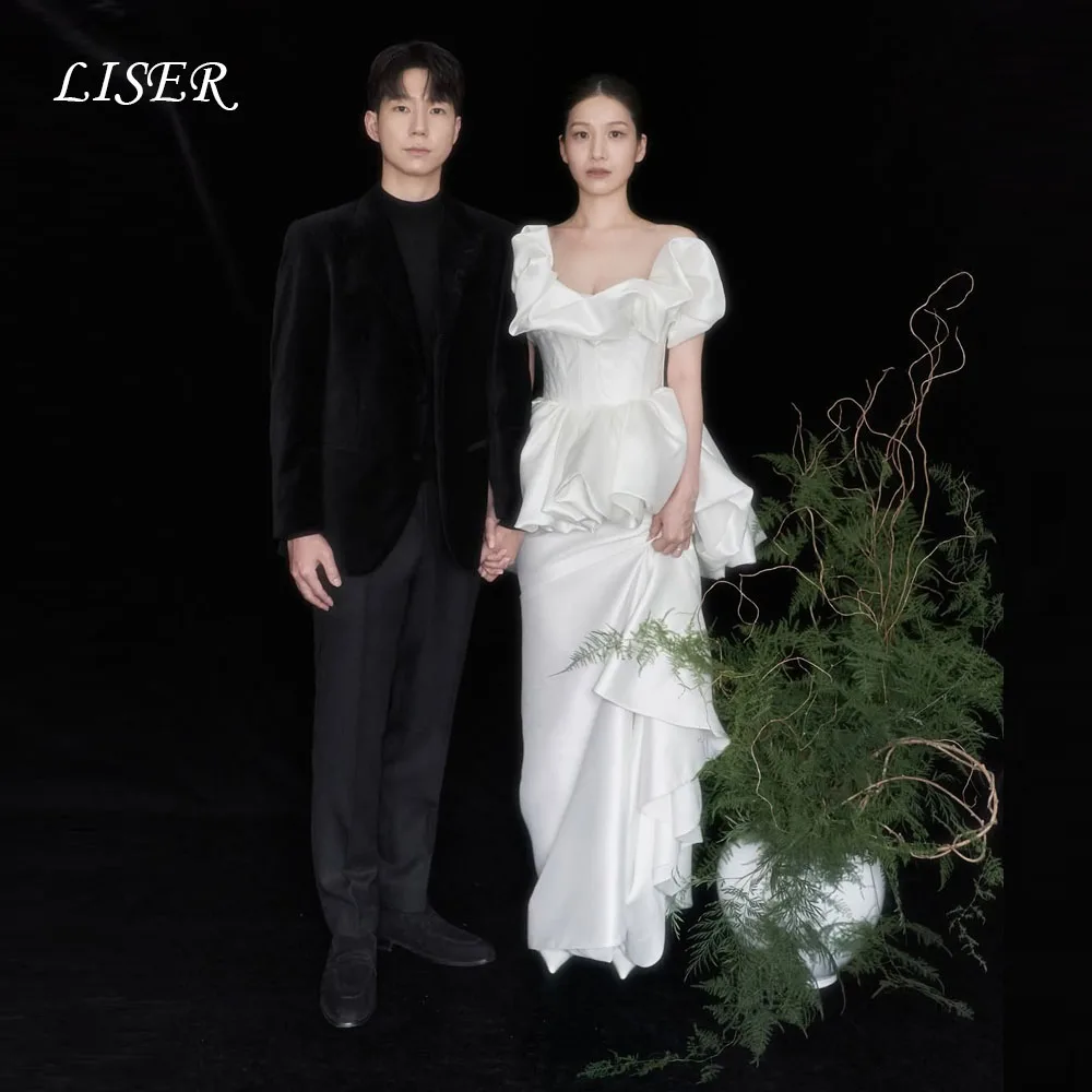 

Liser Tiered A-Line Off Shoulder Korea Wedding Dresses Silk Satin Customized Photo Shoot Elegant Bridal Gowns 웨딩드레스