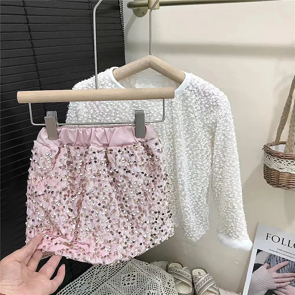 

Baby girl spring and autumn outfit sweet sequin top set, new style for little girl sequin versatile half skirt two-piece set