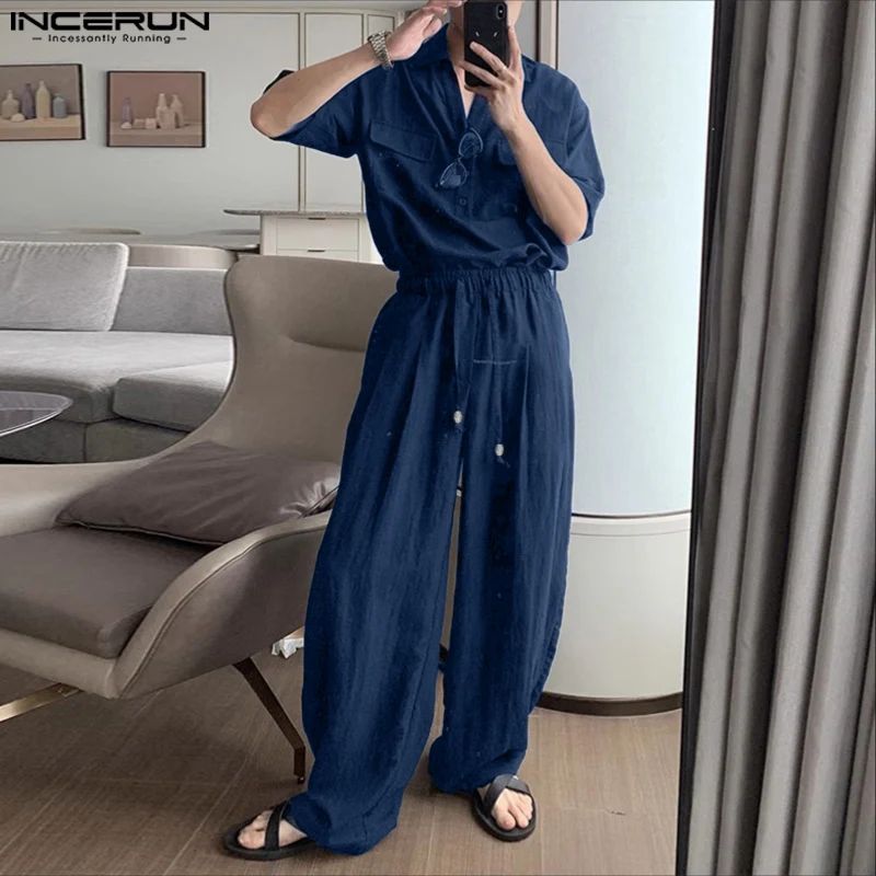 

INCERUN Мужские комплекты Однотонная рубашка с длинными рукавами и брюки с лацканами Комплекты из двух предметов Уличная одежда Свободные модные повседневные мужские костюмы S-5XL