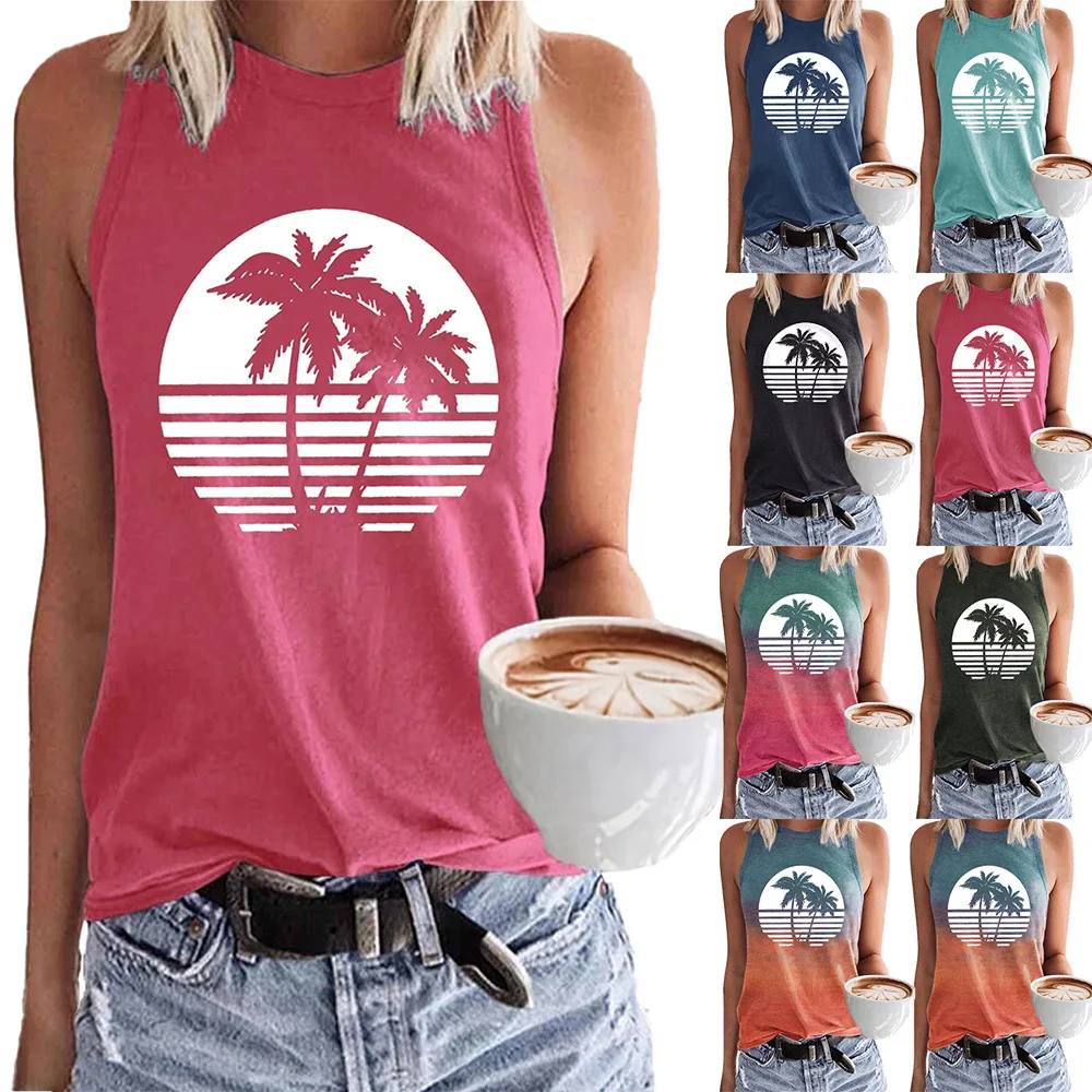 European American Cross-border Women's Clothing New Beach Coconut Tree Print Casual O-neck Vest Crop Top Graphic T Shirts