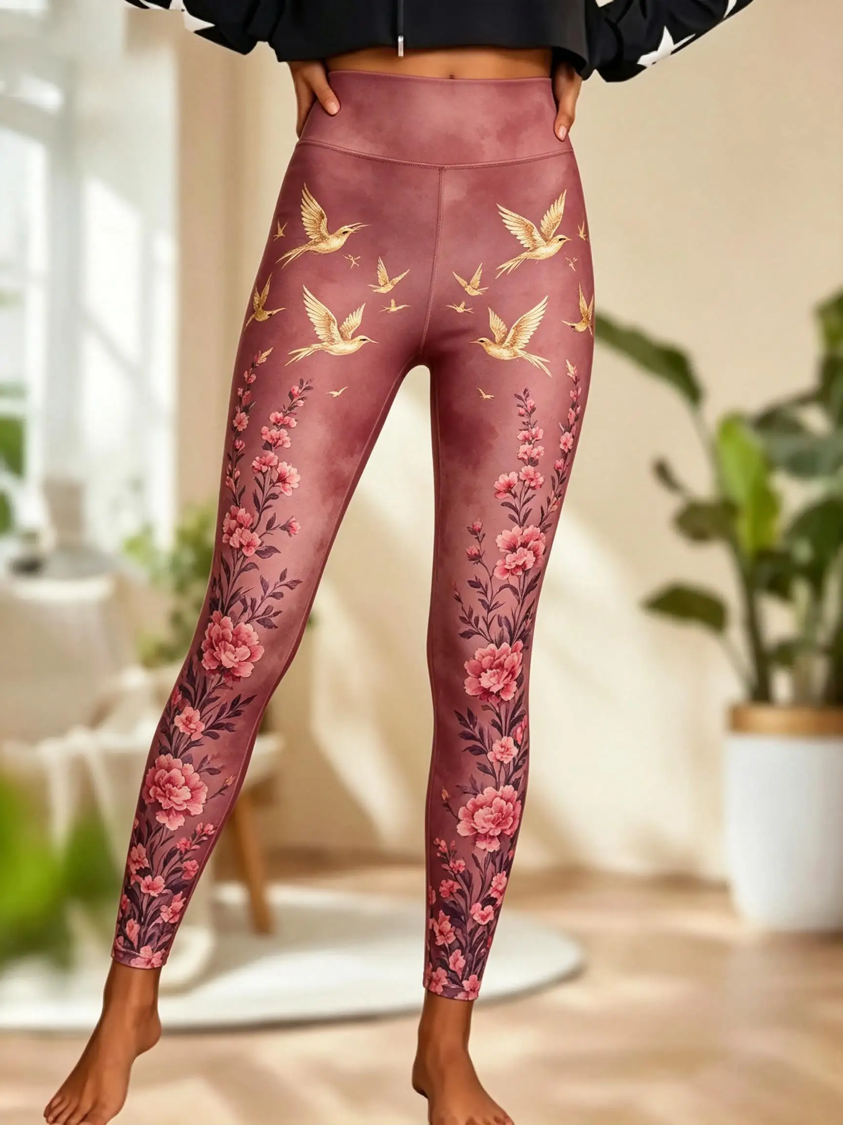 Women Fleece‑lined Mid‑rise Leggings Black Tie‑dye Red Poppy Floral Vine White Flying Bird Print Slim Stretch Casual Pants