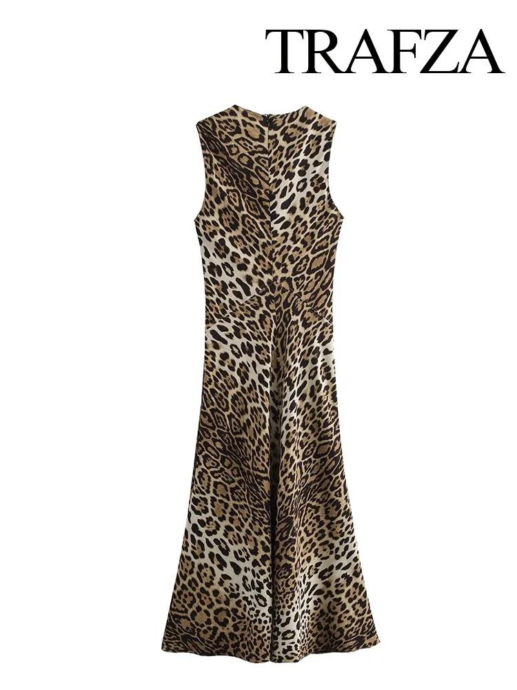 TRAFZA Women Summer Vintage Leopard Print O-Neck Sleeveless Sexy Midi Dress Female Fashion Back Zipper Slim Party Dress Mujer