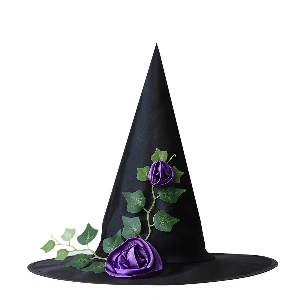 Lace Veil Halloween Witch Hat Rose Party Props Flower Wizard Cap Foldable Cosplay Accessories Feather Halloween Cap