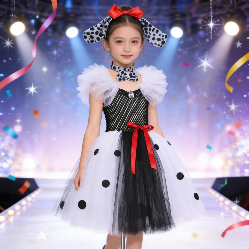 Dalmatian Long Tutu Dress for Girls Full Length Spotted Dog Tutus Outfit with Ears Bowtie Tail Kids Halloween Christmas Clothes