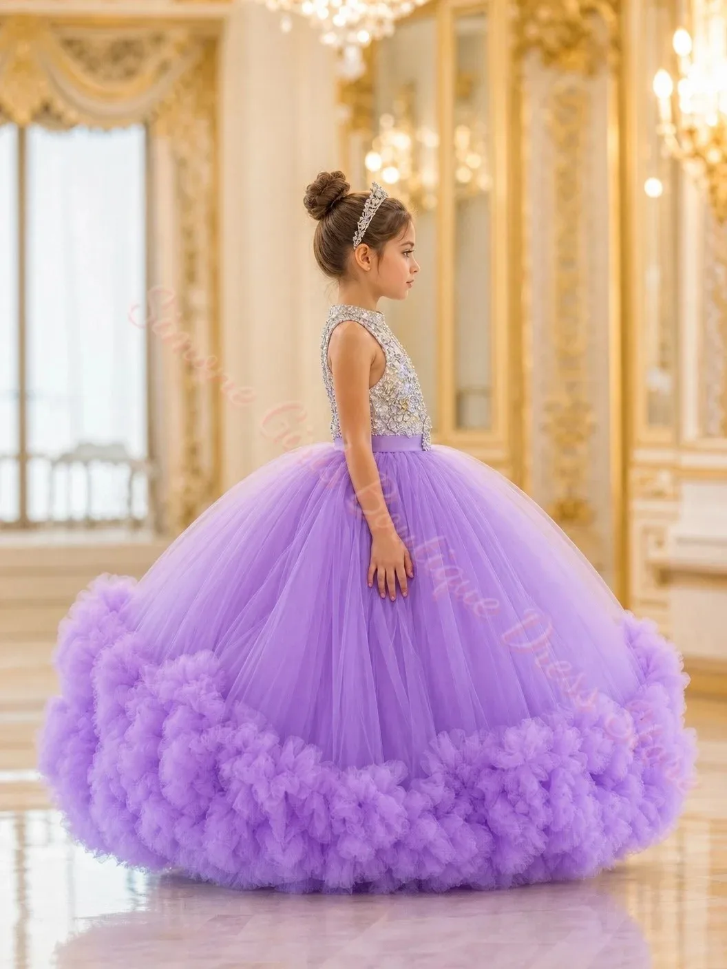 Großhandel Blumenmädchenkleid für Hochzeiten, Tüll, bauschig, mit Perlen, ärmellos, elegant, für Geburtstagsfeiern, Erstkommunion, Ballkleider, nach Maß – Detail 4