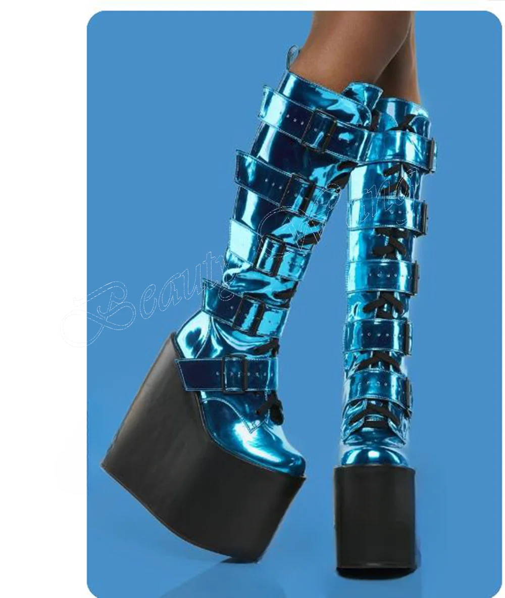 Green Multi Buckle Decor Flock Boots Wedges Heel Platform Thick High Heels Women Shoes 2023 New Big Size Zapatos Para Mujere