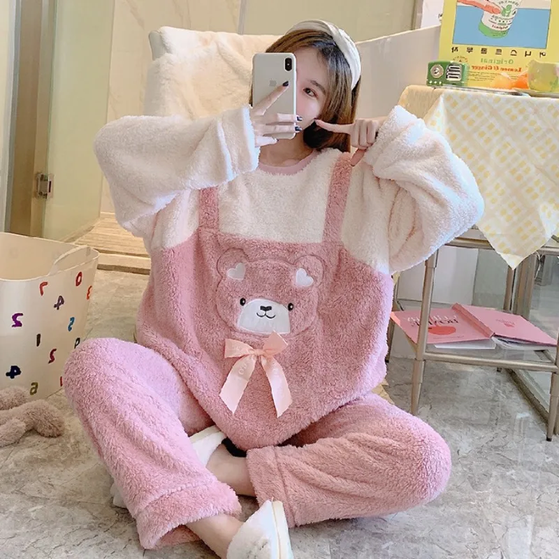 5XL Plus Size Women Winter Pajamas Set Fleece Cartoon Pullover and Long Pants Soft Thick Warm Sleepwear Loose Home Suit Outwear