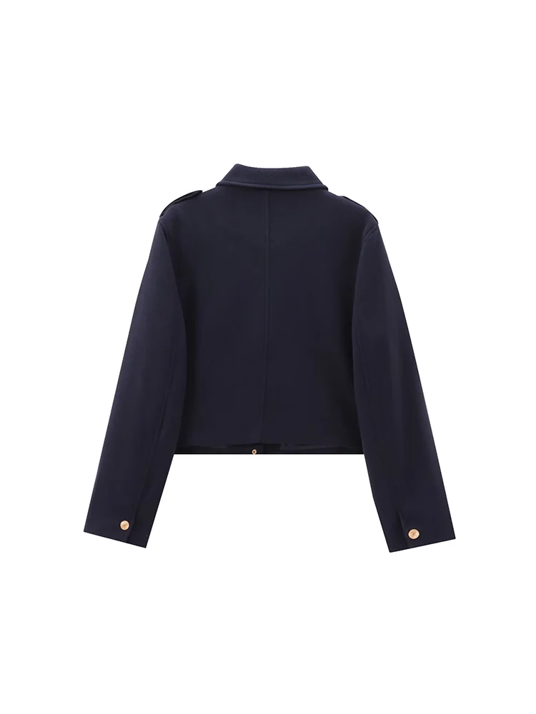 2024 autumn and winter new fashion all-match women\'s clothing navy blue gold button navy style short high waist jacket