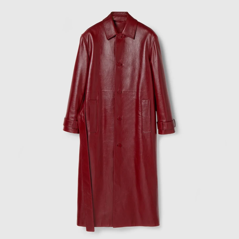 Men\'s genuine leather trench coat super long wine red knee length single breasted custom British fashion sheepskin coat men