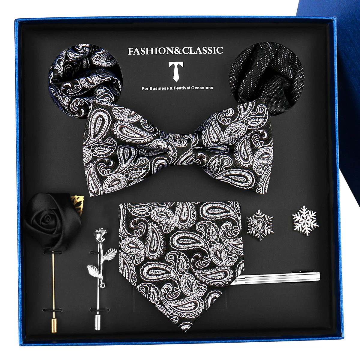 Elegant Men Tie Gift Set Paisley Tie Bow Tie Pocket Square Cufflinks Brooch Tie Clip 8 Pcs Suit Accessory Wedding Formal Party