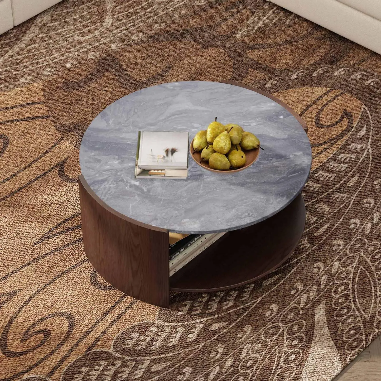 Modern Nesting Coffee Table Set Of 2, Round Living Room Center Table With End Table, Rustic Walnut Curved Table With Black Faux