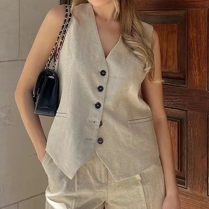 HXAO 2024 Women Solid Linen Waistcoat Fashion Summer Vest Women V-Neck Sleeveless Slim Single Breasted Gilets New In Outerwears