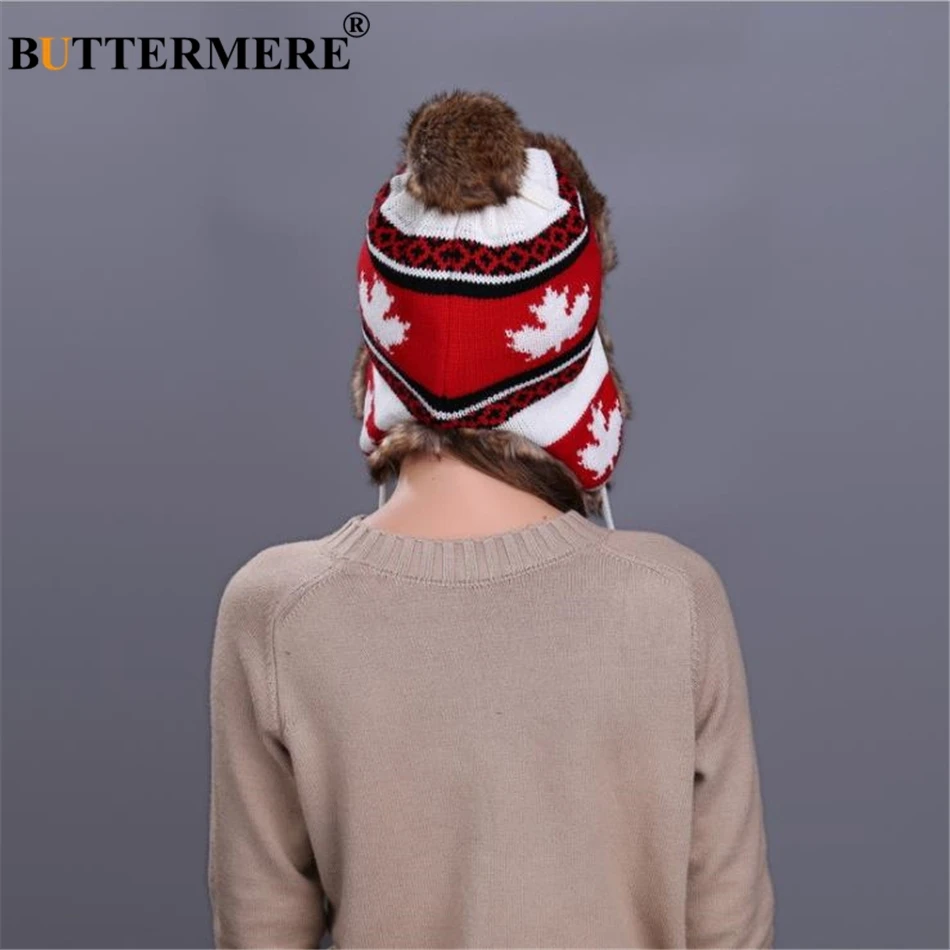 BUTTERMERE Red Russian Ushanka Hat Female Winter Warm Earflaps Fur Bomber Hats Caps Women Maple Leaf Christmas Beanies Pompom