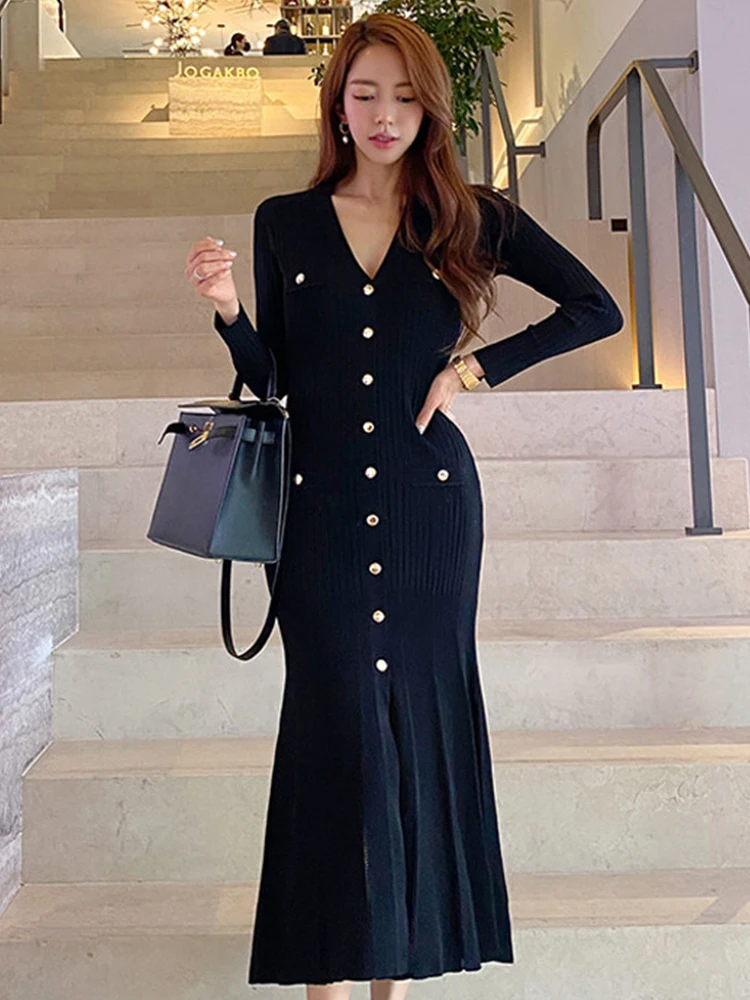 Spring Vintage Korean Style Maxi Dresses for Women Long Sleeve Bodycon Mermaid Robe Elegant Fashion Ladies Party Vestidos Femme