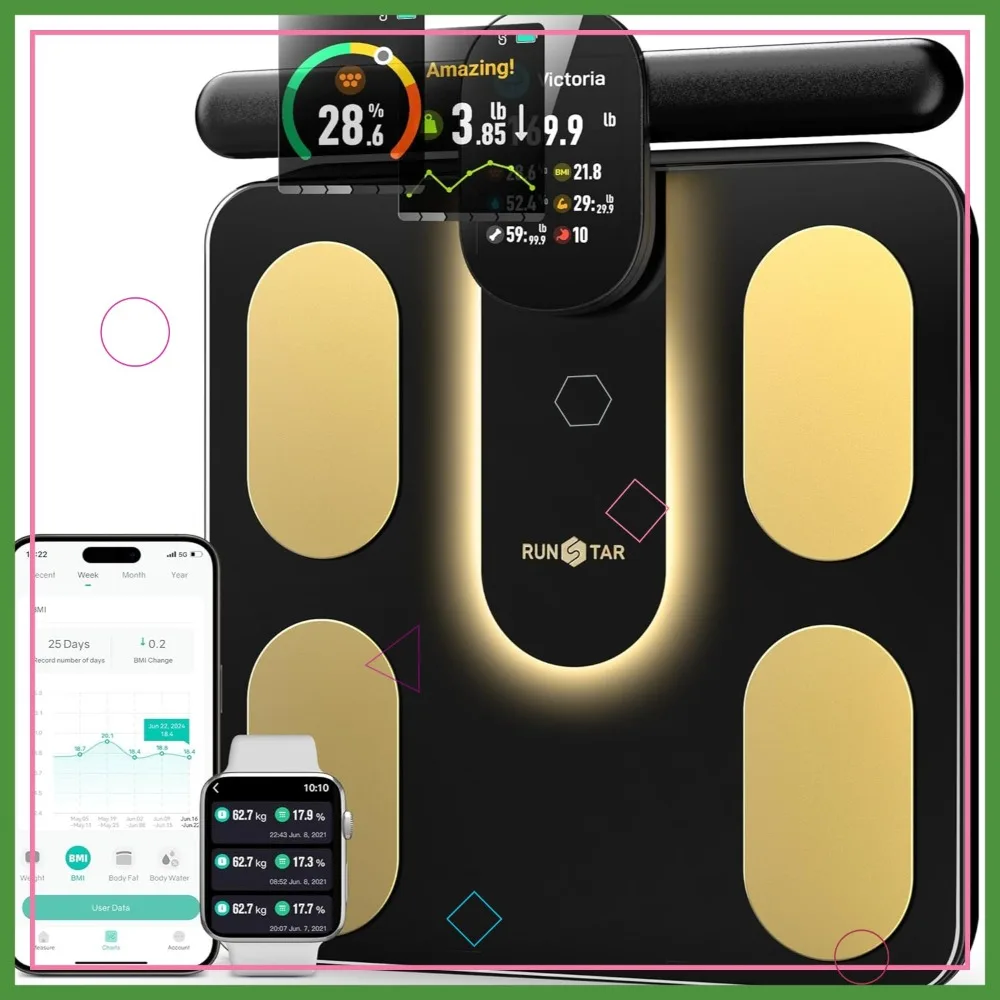 

Умные весы с 8 электродами для измерения веса тела, жира, ИМТ, мышечной массы — полноцветный TFT LCD-дисплей на выдвижной ручке