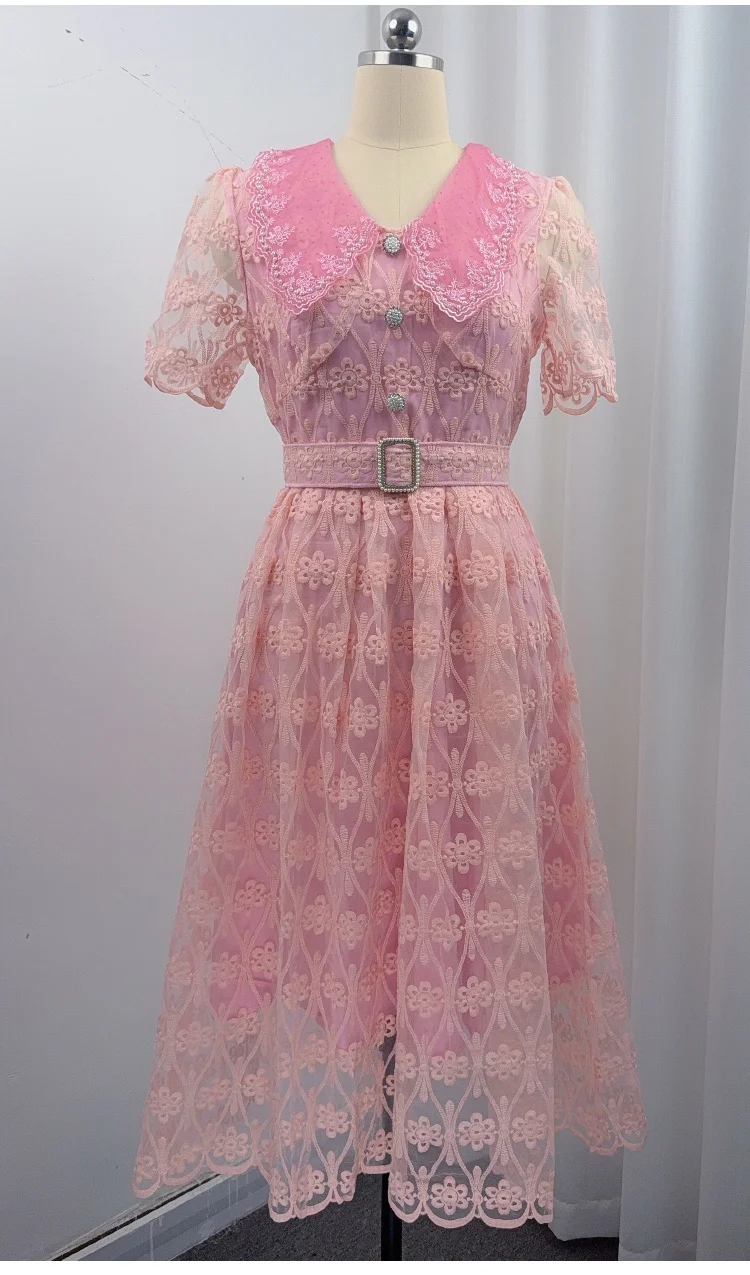 

Vintage Pink Lace Dress Women V Neck Short Sleeve Floral Embroidery Midi Dress Belted Elegant A-Line Party Dress Summer Fashion