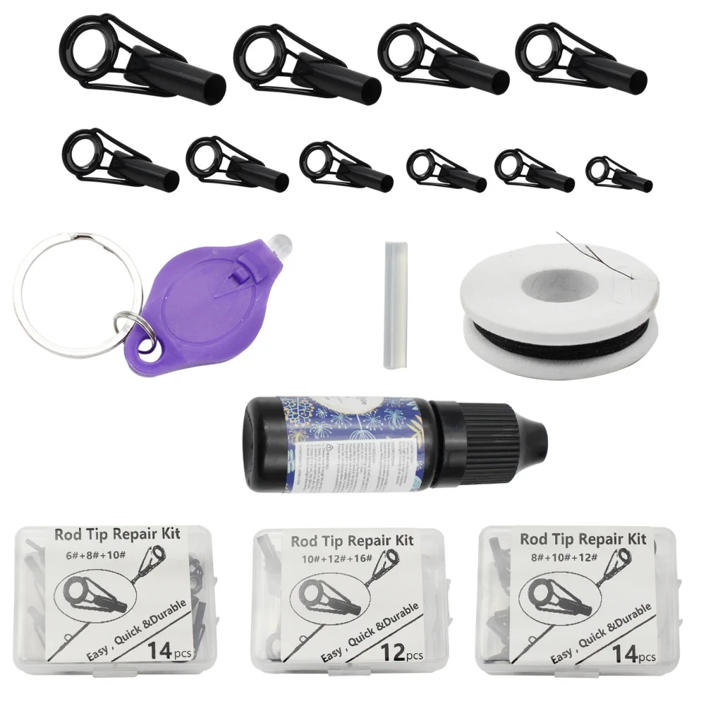 Fishing Rod Tip Complete Repair Kit With Stainless Steel Guides+Glue+UV Light For Fishing Pole Tip Replacement