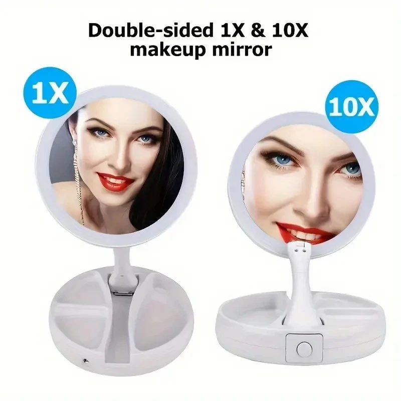 مرآة زينة LED مزدوجة الجوانب مع تكبير 1X/10X، قابلة لإعادة الشحن، سطوع قابل للتعديل، تصميم قابل للطي والمحمول للصنع