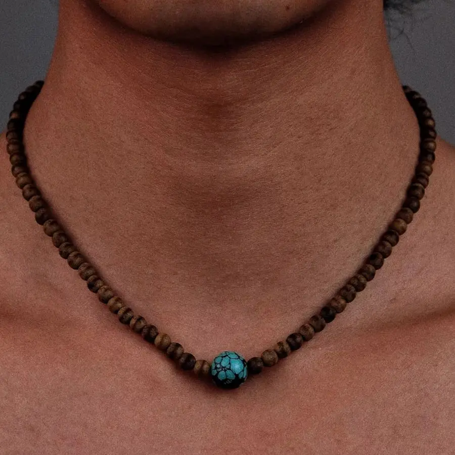 Handmade Genuine Agarwood Mini Bead Choker with Turquoise Ball Pendant Fashion Jewelry Gift for Him view 5