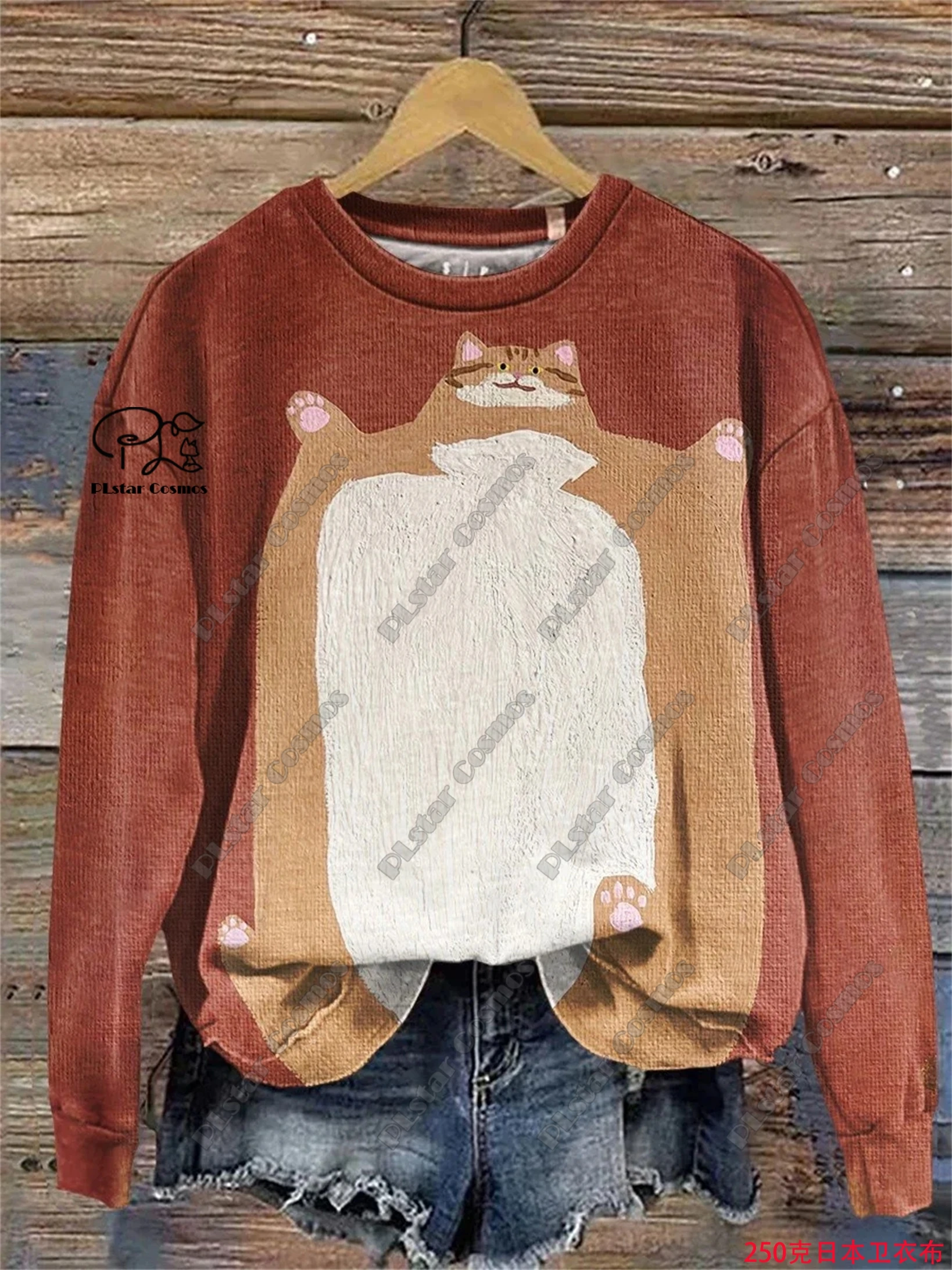 PLstar Cosmos 3D printed animal series cute cat pattern printed women's round neck long-sleeved casual top new model M-8